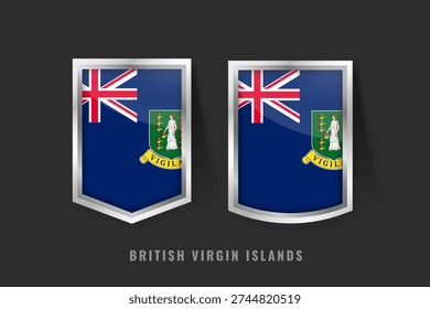 Professional 3D vector illustration of British Virgin Islands flag badges. Glossy metallic shields featuring the Blue Ensign and Saint Ursula emblem for British Overseas Territory designs.