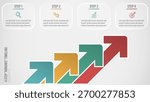 Professional 4-step upward arrow timeline infographic template for business, progress, process, growth, and presentation slides. Editable vector graphic.