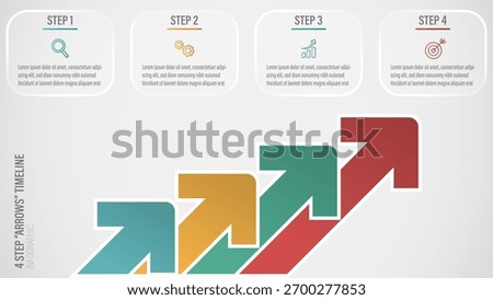 Professional 4-step upward arrow timeline infographic template for business, progress, process, growth, and presentation slides. Editable vector graphic.