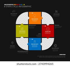 Professional 8 steps infographic template for business presentations. This 8 steps infographic features a dark background, colorful square blocks, and cycle icons for data visualization.