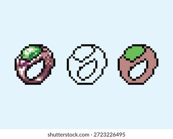 A professional 8-bit pixel art illustration of a fantasy jewelry ring with a green gemstone.
