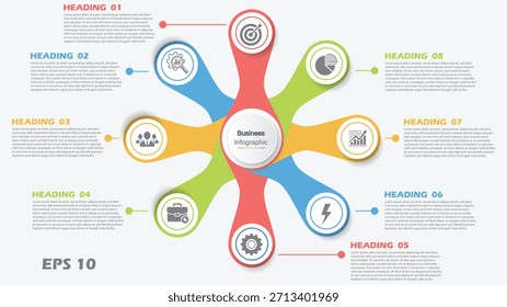 Professional 8-step flower-style infographic vector template. Features eight colorful, connected elements arranged radially around a central hub, with icons like Target, Team, Pie Chart, and Gear. Ideal for illustrating business options, continuous process flow, strategic steps, or development cycle. Fully editable illustration for corporate presentations and reports.
