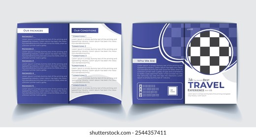 Professional a4 size print ready travel bifold brochure template. Creative holiday and vacation magazine design. Tour, tourism, modern, business, traveler, marketing, promotion and vector.