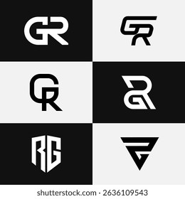Professional abstract logo set featuring letters RG and GR designed for stock market and finance brands. Modern, clean, and versatile style ideal for business identity and investment marketing.