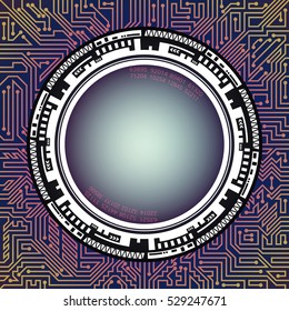 Professional abstract technological frame of blue, violet, golden, white, and black shades. Digital technology and engineering concept design