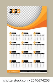 Projeto de modelo de calendário de parede abstrato profissional para 2025 com alocador de espaço de imagem, Semana começar no domingo