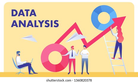 Professional Accounting Team Vector Illustration. Data Analysis Flat Banner with Typography. Men and Woman on Ladder Cartoon Characters. Business Analytics, Stock Market Inspection, Income Forecast