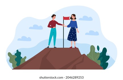 Professional achievement. Man and woman on mountain hold flag. Career growth and business development. Employees go together to goal. Cartoon flat vector illustration isolated on white background