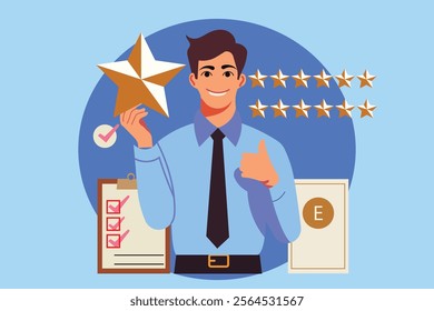 Professional achievement and workplace recognition concept. Smiling employee holding a star award with quality checklist, equality certificate, and five-star rating. Flat vector illustration