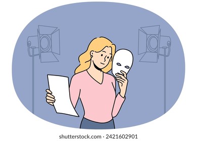 Professional actress with mask in hands rehearse in theatre. Woman with script perform on stage. Artistic profession or occupation. Vector illustration.