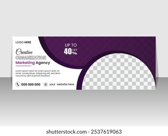 Professional ad banner for facebook , designed with a clean white background and dynamic purple shapes , ideal for capturing attention