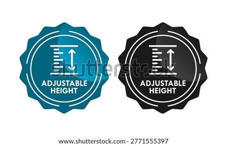 Professional adjustable height badge icon with measurement scale and arrows. Vector illustration of circular stamp for furniture features, industrial tools, and product packaging.