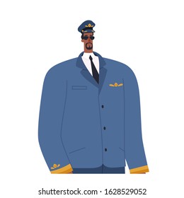 A professional African American airplane pilot stands confidently in his eyes and pilot's hat.