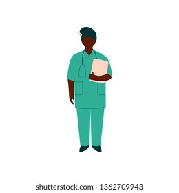 Professional African American Doctor Character with Stethoscope, Female Worker of Medical Clinic or Hospital in Uniform Vector Illustration