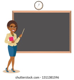 Professional African American teacher woman pointing blackboard