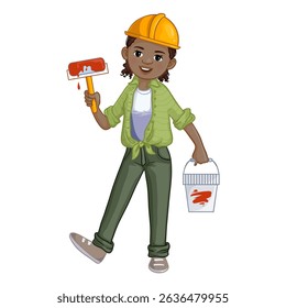 Professional African American wall painter with roller brush, vector cartoon illustration of a woman decorator with paint can isolated on white background, eps10