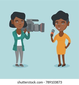 Professional african-american female reporter with a microphone presenting news. Young operator filming a reporter. Reporter and operator recording news. Vector cartoon illustration. Square layout.