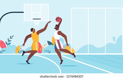 Professional Afro-American Male Team Playing Basketball on Court Cartoon. Sportsmen Characters in Sportswear Taking Part in Sport Competition. Man in Fighting for Ball. Vector Flat Illustration