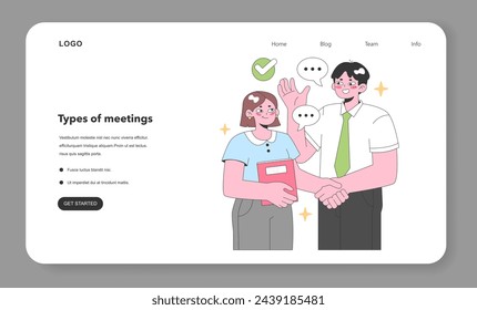 Professional agreement sealed with a handshake, as the woman with her folder and the man with his bright ideas come to a consensus. A moment of collaboration and understanding Flat vector illustration
