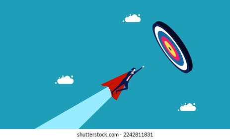 Professional aiming and achieving business goals. Super hero businessman flying to the goal