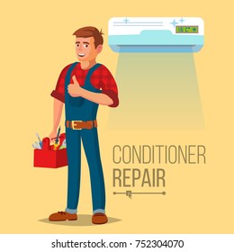 Professional Air Conditioner Repair Vector. AC Man Electrician Installing Air Conditioner. Electric Service Flat Cartoon Illustration
