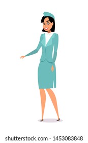 Professional air hostess flat vector illustration. Young woman in uniform cartoon character. Smiling Flight attendant, airline company employee. Stewardess occupation. Airway transportation service