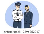 Professional airplane crew in uniform posing for picture together. Portrait of aircraft pilot and stewardess show good quality service. International or national airlines. Vector illustration.