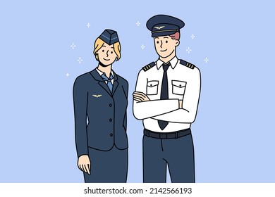 Professional airplane crew in uniform posing for picture together. Portrait of aircraft pilot and stewardess show good quality service. International or national airlines. Vector illustration. 