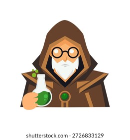 Um personagem profissional alquimista projetado em estilo plano moderno. O personagem é mostrado segurando um balão borbulhante ou poção química, usando um avental de laboratório e equipamento místico. Perfeito para recursos de jogos de RPG, educação científica, narrativa de fantasia, adesivos e gráficos da web.
