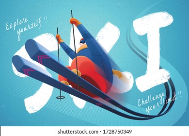 Professional alpine skier jumping in the air with speed trails and SKI calligraphy written on blue background, low angle view