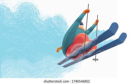 Professional alpine skier jumping in the air with cool fog background, low angle illustration