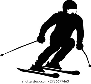 Professional alpine skier silhouette carving downhill with poles illustration