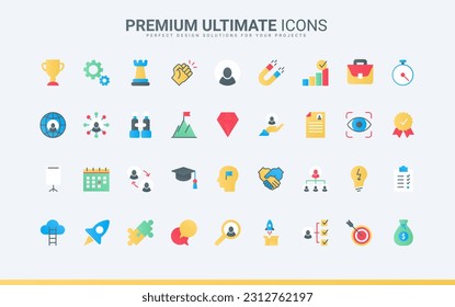 Professional ambitions and risks, success leadership and launch finance projects. Business challenge and motivation for career growth trendy flat icons set vector illustration