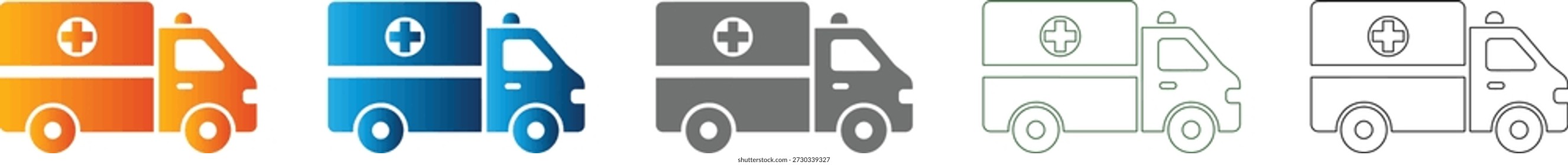 Um ícone plano de ambulância profissional, projetado como um elemento vetor preto sólido, isolado para claridade em um conjunto abrangente de ícones de assistência médica.