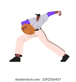 Professional american baseball player swings to throw, pitch. Pitcher plays on match, competition. Field game sportsman in glove holding ball. Flat isolated vector illustration on white background