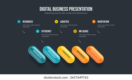 Análise profissional Cinco opções de design de apresentação infográfica. Layout da Apresentação de Slides do Diagrama de Elemento da Visualização Digital 5. Ilustração do Vetor de Modelo de Slide de Início de Marketing.