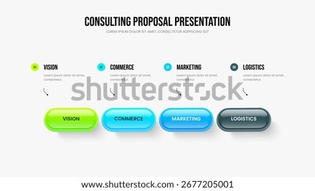 Professional Analysis Four Step Infographic Presentation Design. Sales Briefing 4 Option Diagram Slide Template. Product Showcase Slideshow Layout Vector Illustration.