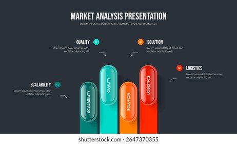 Professional Analysis Presentation Layout Vector Illustration. Modern Insight Four Step Diagram Frame Design. Investor Campaign 4 Element Infographic Slideshow Template.