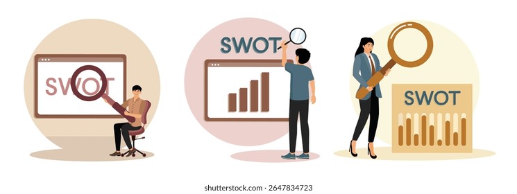 Um profissional analisando o conceito de SWOT através de uma lupa. Indivíduo que analisa dados de negócios com foco na análise SWOT. Um profissional examinando uma análise SWOT