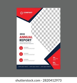 Professional annual report cover design template featuring a modern geometric layout with red and dark blue accents, suitable for business brochures.