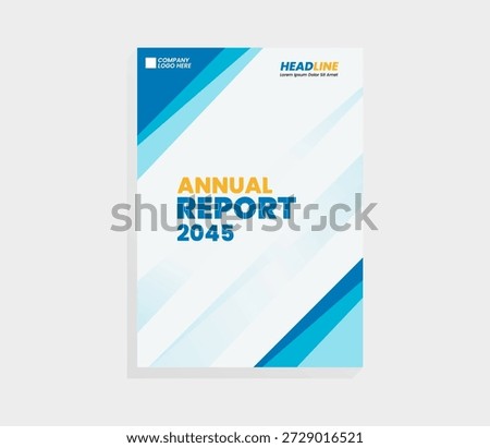 A professional annual report cover featuring a clean white background with dynamic blue diagonal stripes and bold yellow and teal typography.