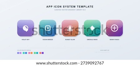 A professional app icon system template featuring five colorful gradient squares with minimalist white geometric symbols, including a circle, square, triangle, diamond, and plus sign.