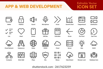 Professional App Web Development Icons – Modern Outline Vector Set for UI, UX, Programming, Websites, Coding, Digital Products, and Software