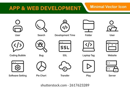 Professional App Web Development Icons – Modern Outline Vector Set for UI, UX, Programming, Websites, Coding, Digital Products, and Software
