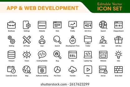 Professional App Web Development Icons – Modern Outline Vector Set for UI, UX, Programming, Websites, Coding, Digital Products, and Software