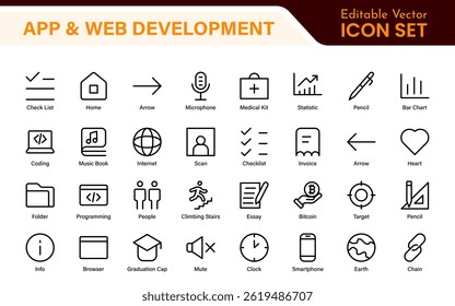 Professional App Web Development Icons – Modern Outline Vector Set for UI, UX, Programming, Websites, Coding, Digital Products, and Software