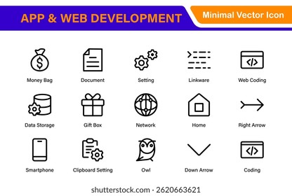 Iconos de desarrollo de Web de App de Profesional: conjunto de Vectores de contorno moderno para interfaz de usuario, UX, programación, Sitios web, codificación, Productos digitales y software