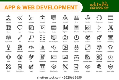 Professional App Web Development Icons - Modernes Outline-Vektorset für UI, UX, Programmierung, Websites, Codierung, digitale Produkte und Software