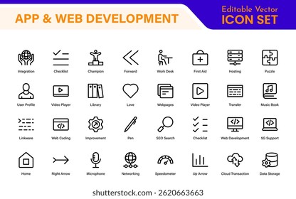 Ícones de Desenvolvimento Web de Aplicativo Profissional - Conjunto de Vetor de Contorno Moderno para IU, UX, Programação, Sites, Codificação, Produtos Digitais e Software