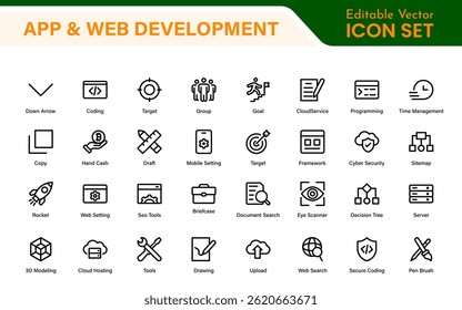 Ícones de Desenvolvimento Web de Aplicativo Profissional - Conjunto de Vetor de Contorno Moderno para IU, UX, Programação, Sites, Codificação, Produtos Digitais e Software